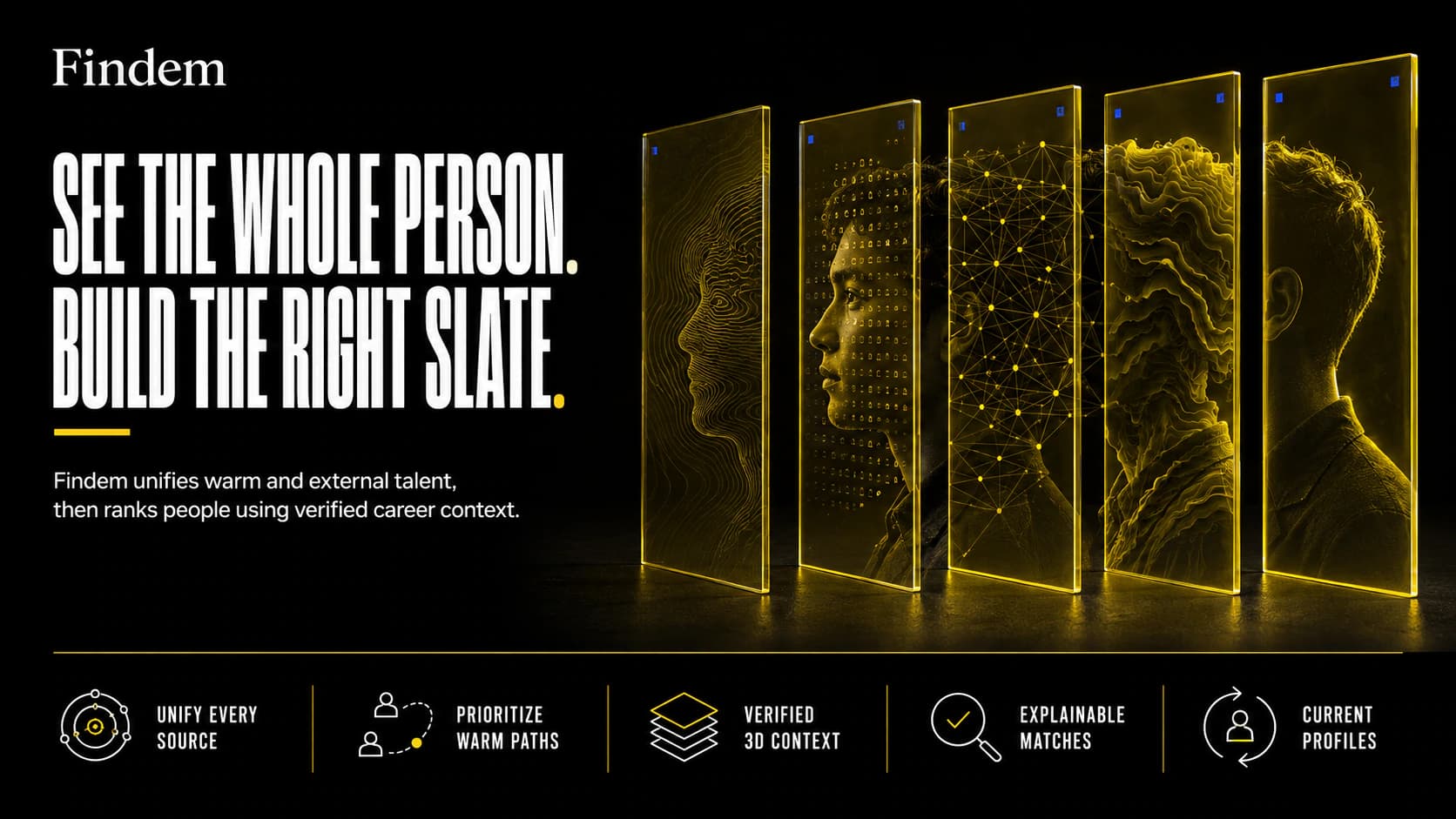 Findem AI sourcing concept showing a candidate through layered panels of verified career context