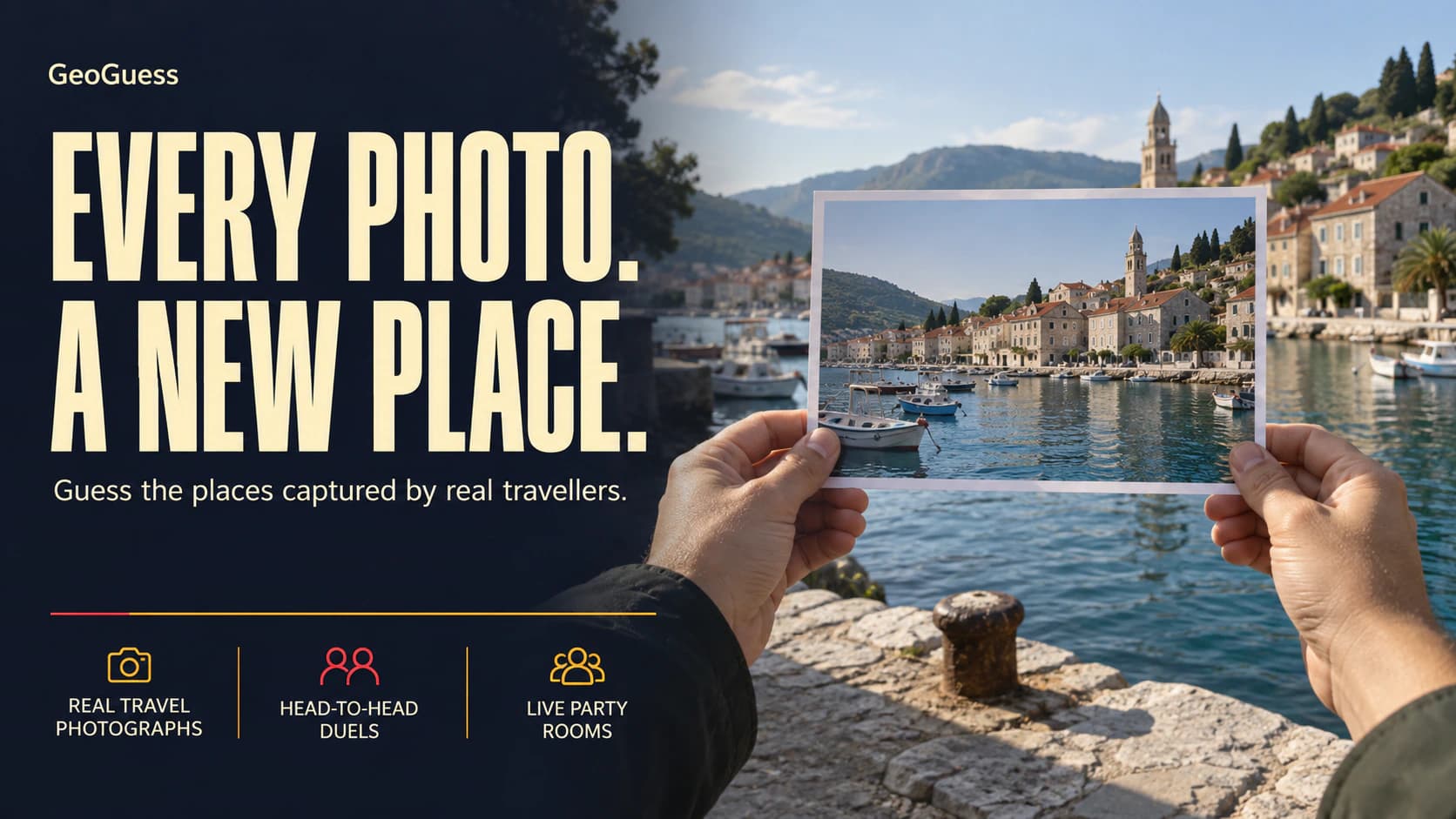 GeoGuess editorial artwork showing a traveller holding a photograph in front of a coastal town