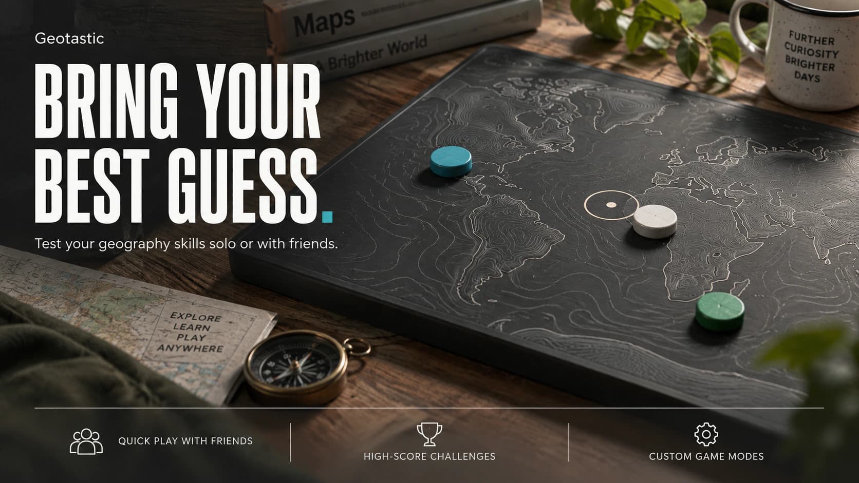 Geotastic editorial artwork showing three coloured game pieces on a topographic map board