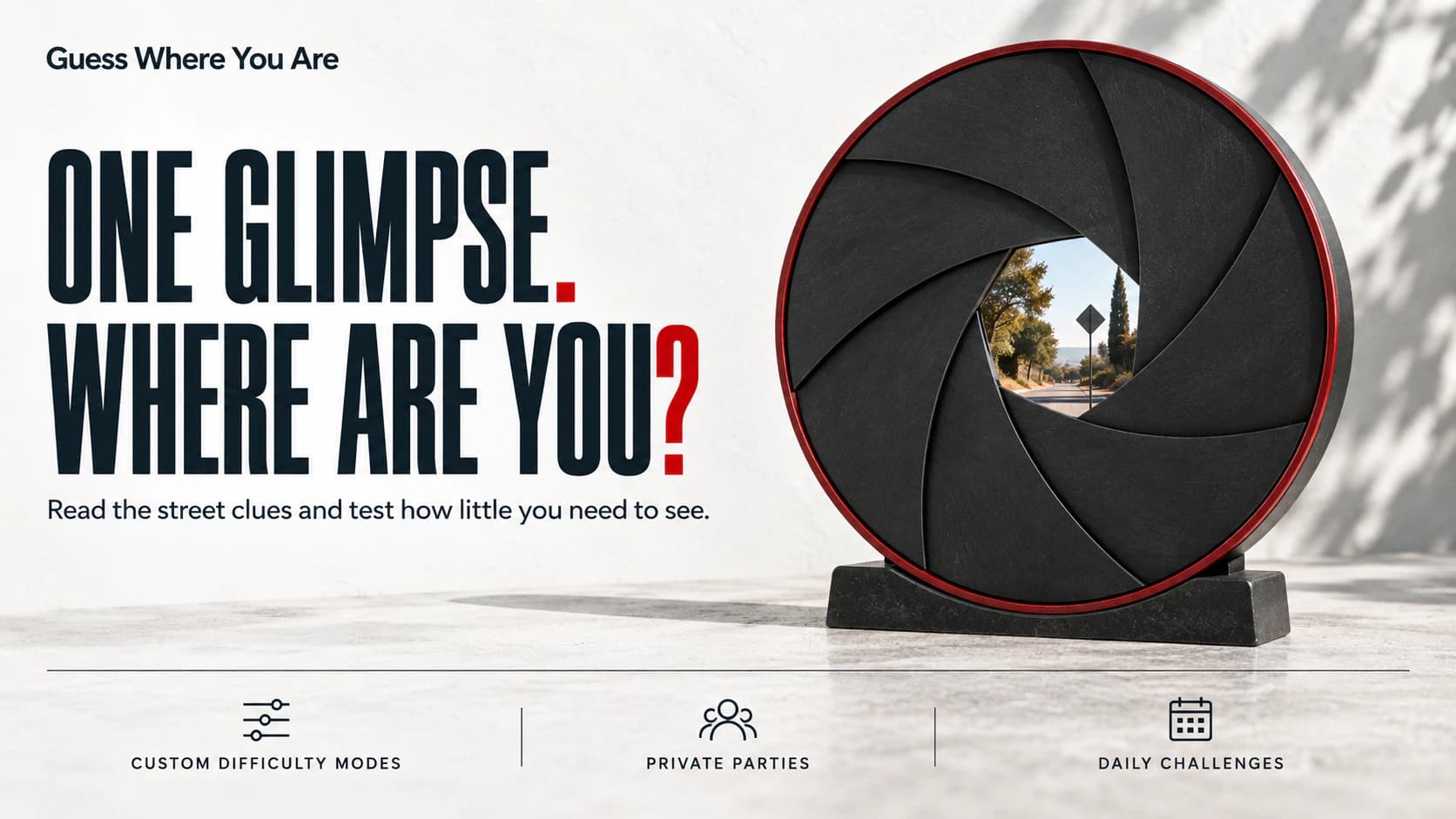 Guess Where You Are editorial artwork showing a road through a narrow camera aperture