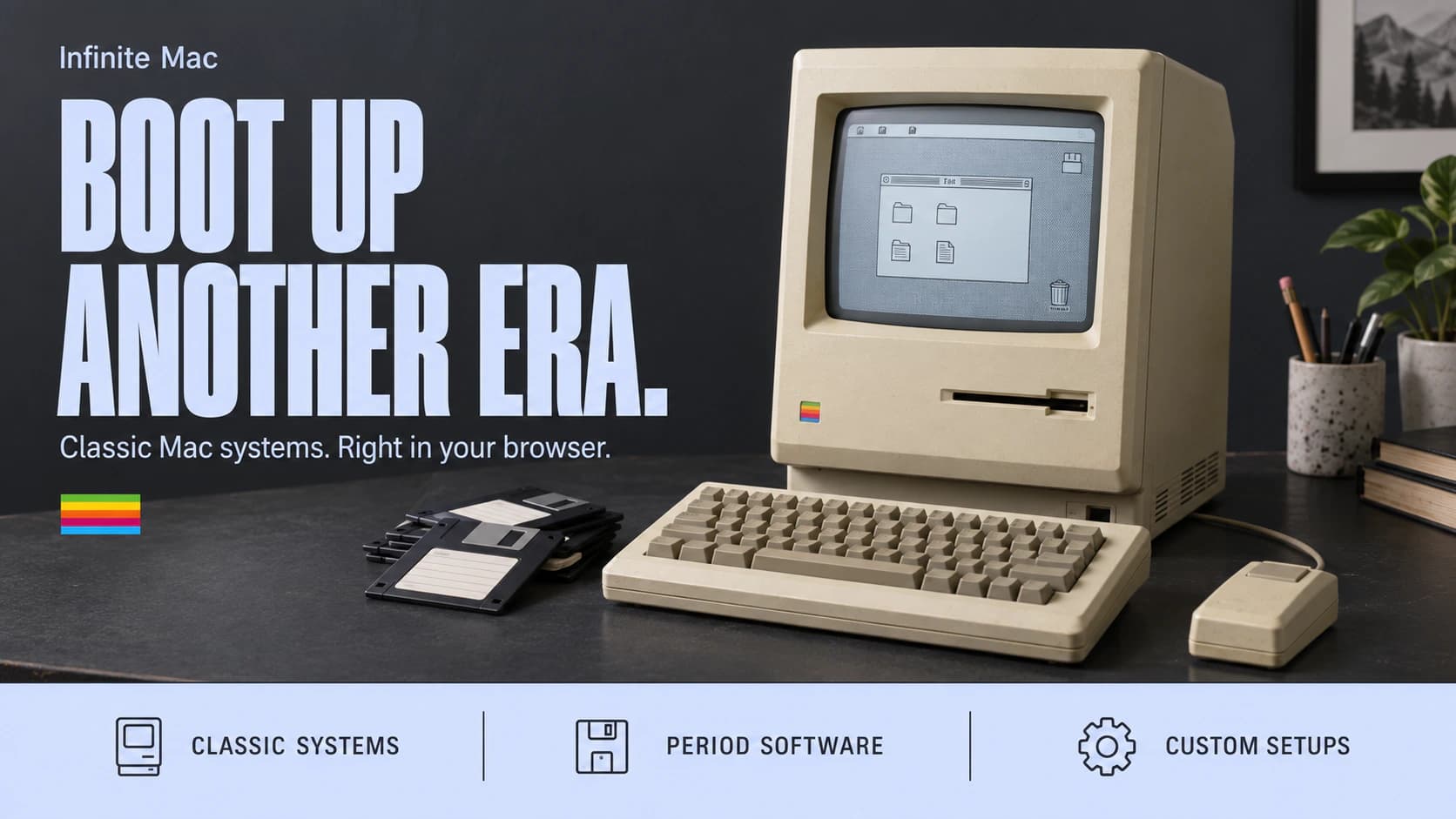Infinite Mac editorial illustration of a vintage Macintosh computer, keyboard, mouse, and floppy disks
