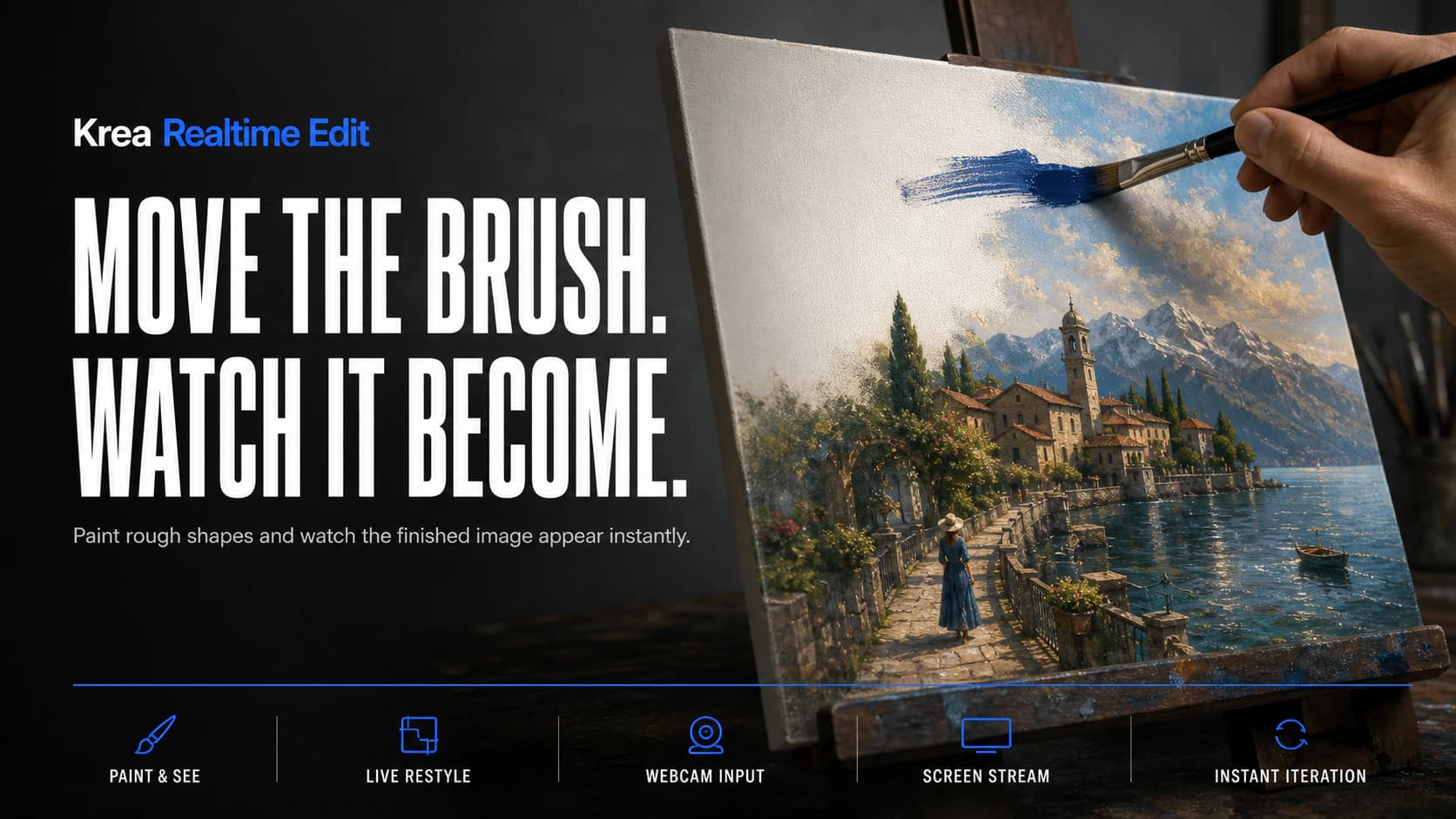 Krea Realtime Edit concept artwork showing a hand-painted sketch transforming instantly into a finished visual scene