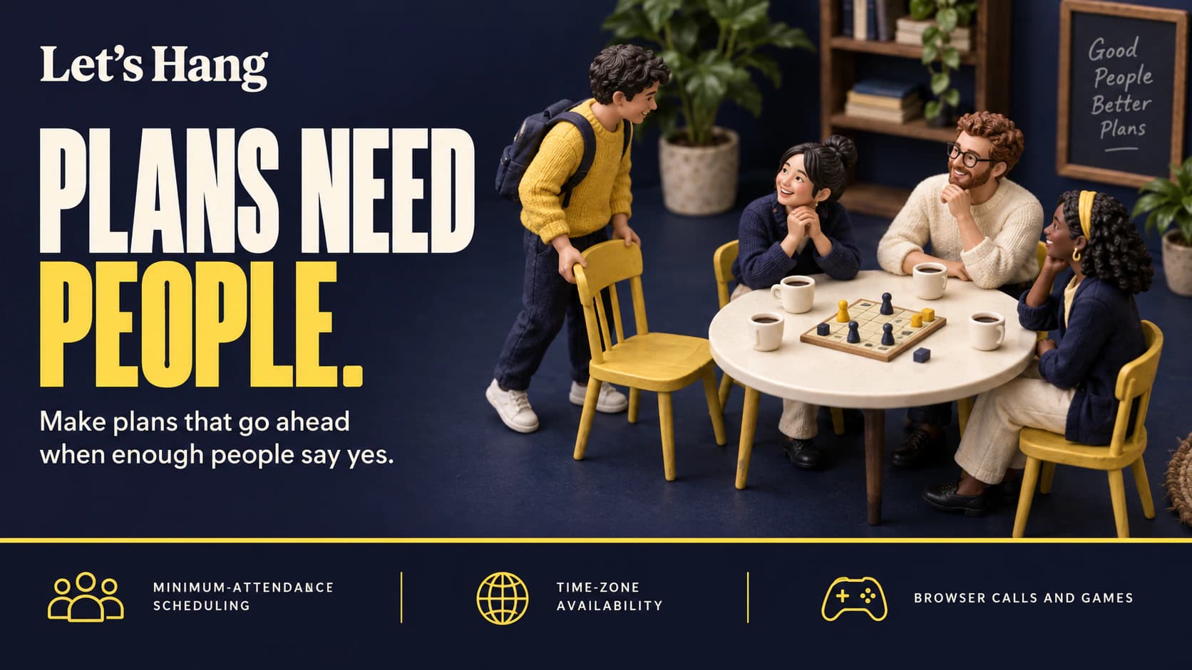 Let's Hang editorial artwork showing miniature people gathered around a table