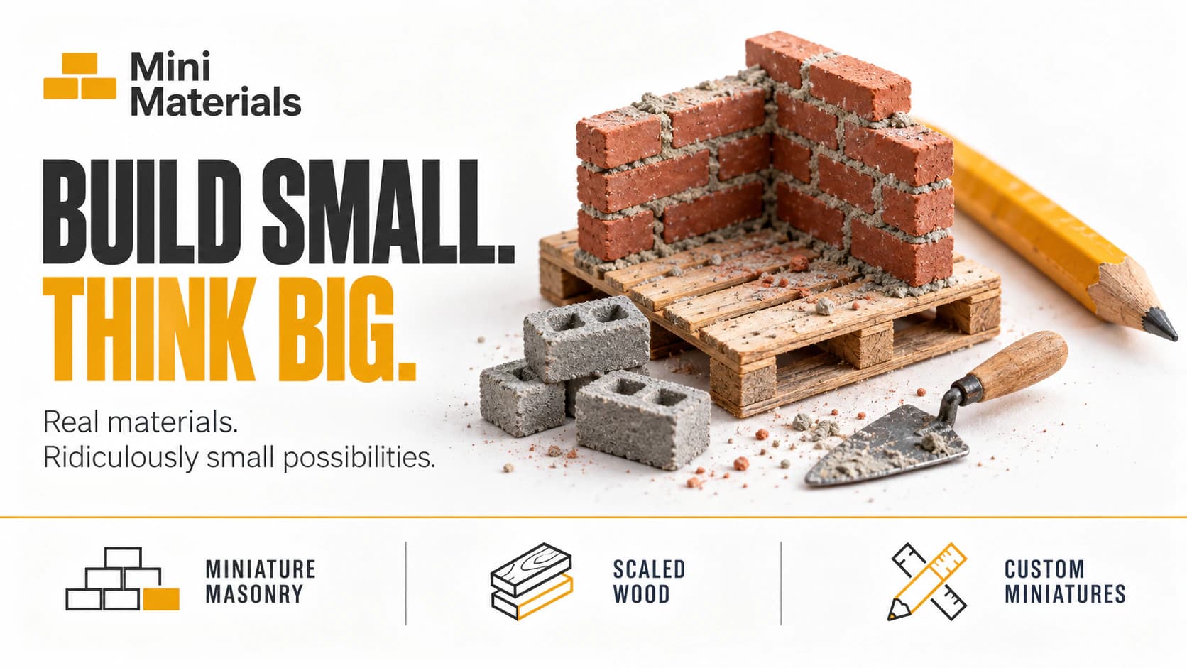 Mini Materials editorial illustration of tiny bricks, cinder blocks, and building tools beside a pencil