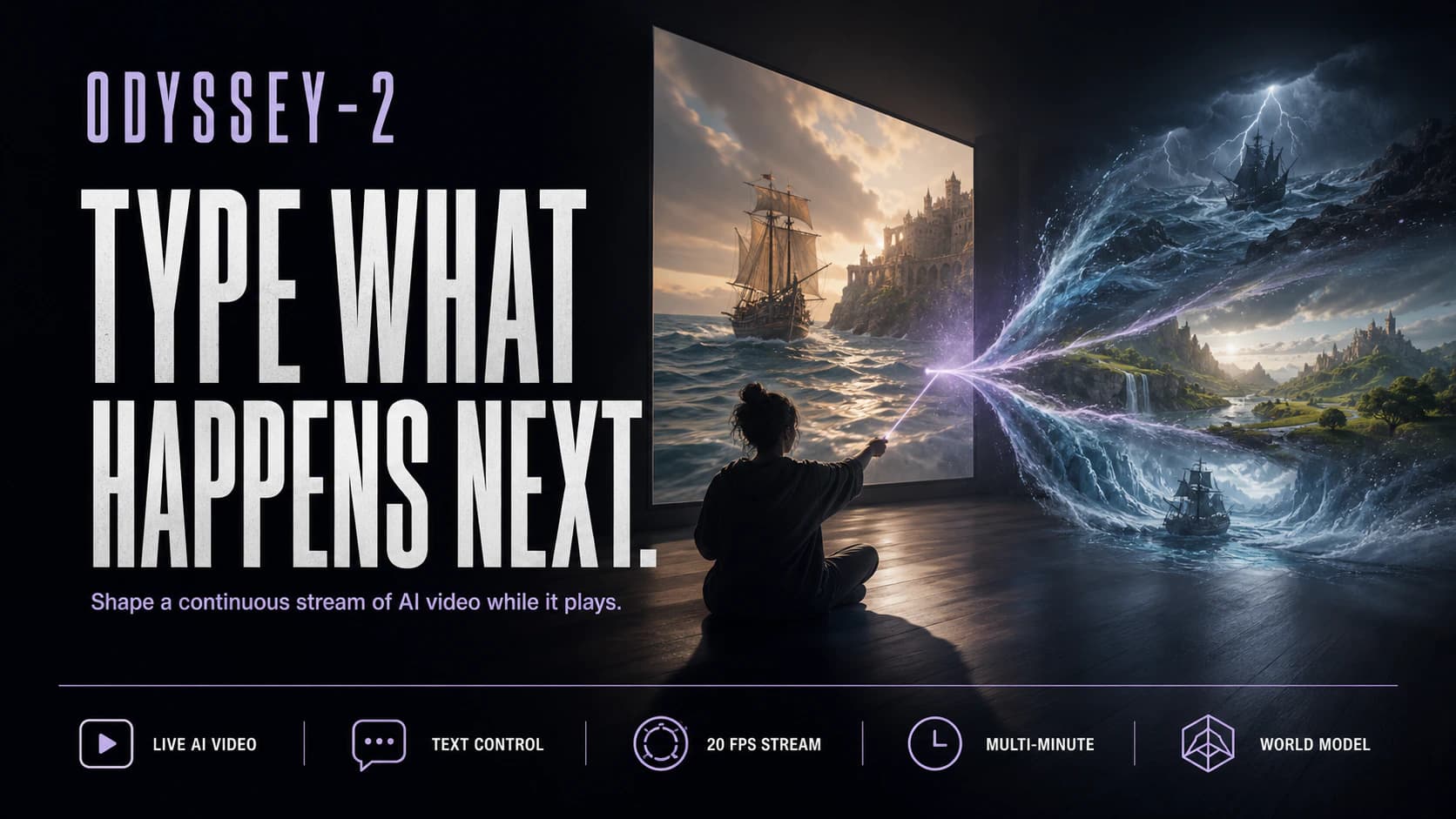 Odyssey-2 concept artwork showing a live video world splitting into new futures in response to typed directions