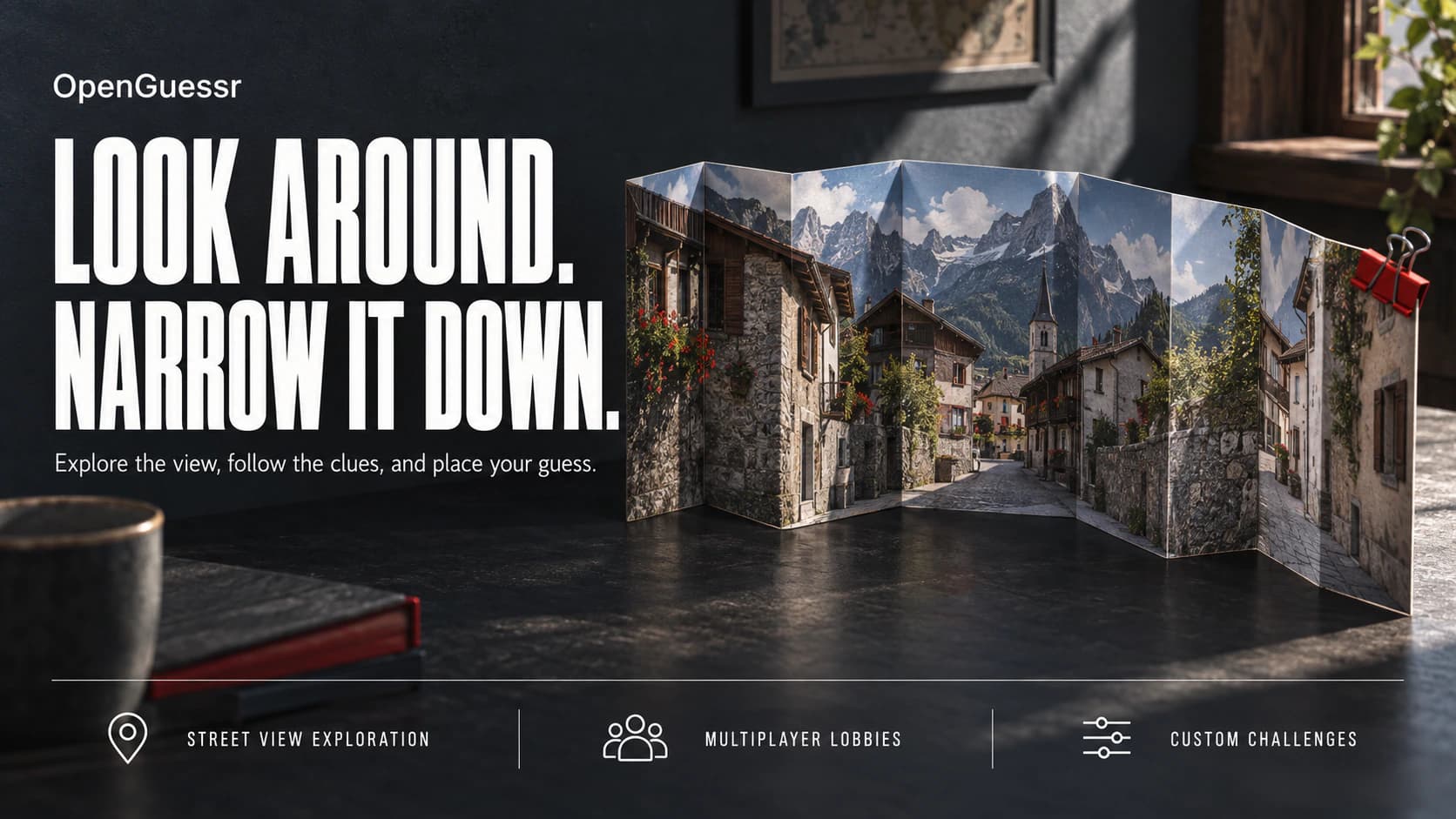 OpenGuessr editorial artwork showing a village panorama folded across a desk