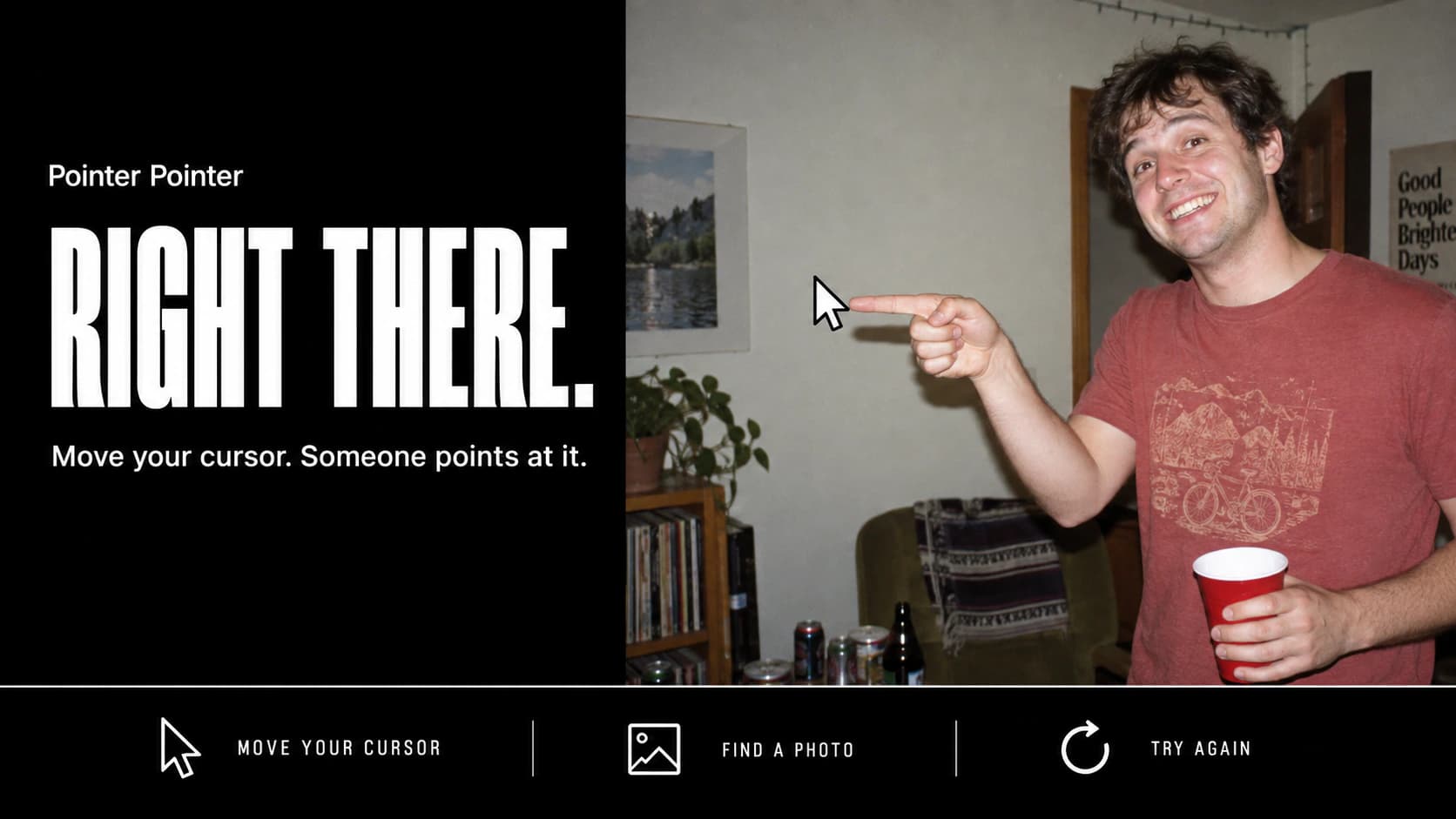 Pointer Pointer editorial illustration of a person pointing toward a computer cursor