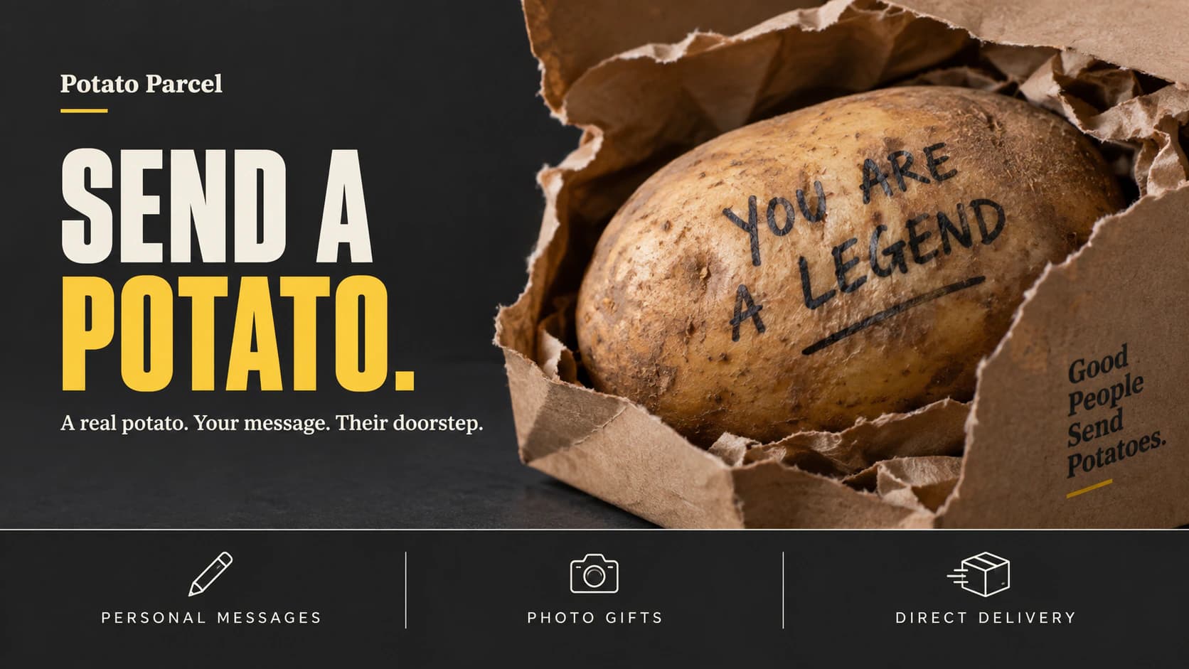 Potato Parcel editorial illustration of a potato with a handwritten message in a cardboard mailer