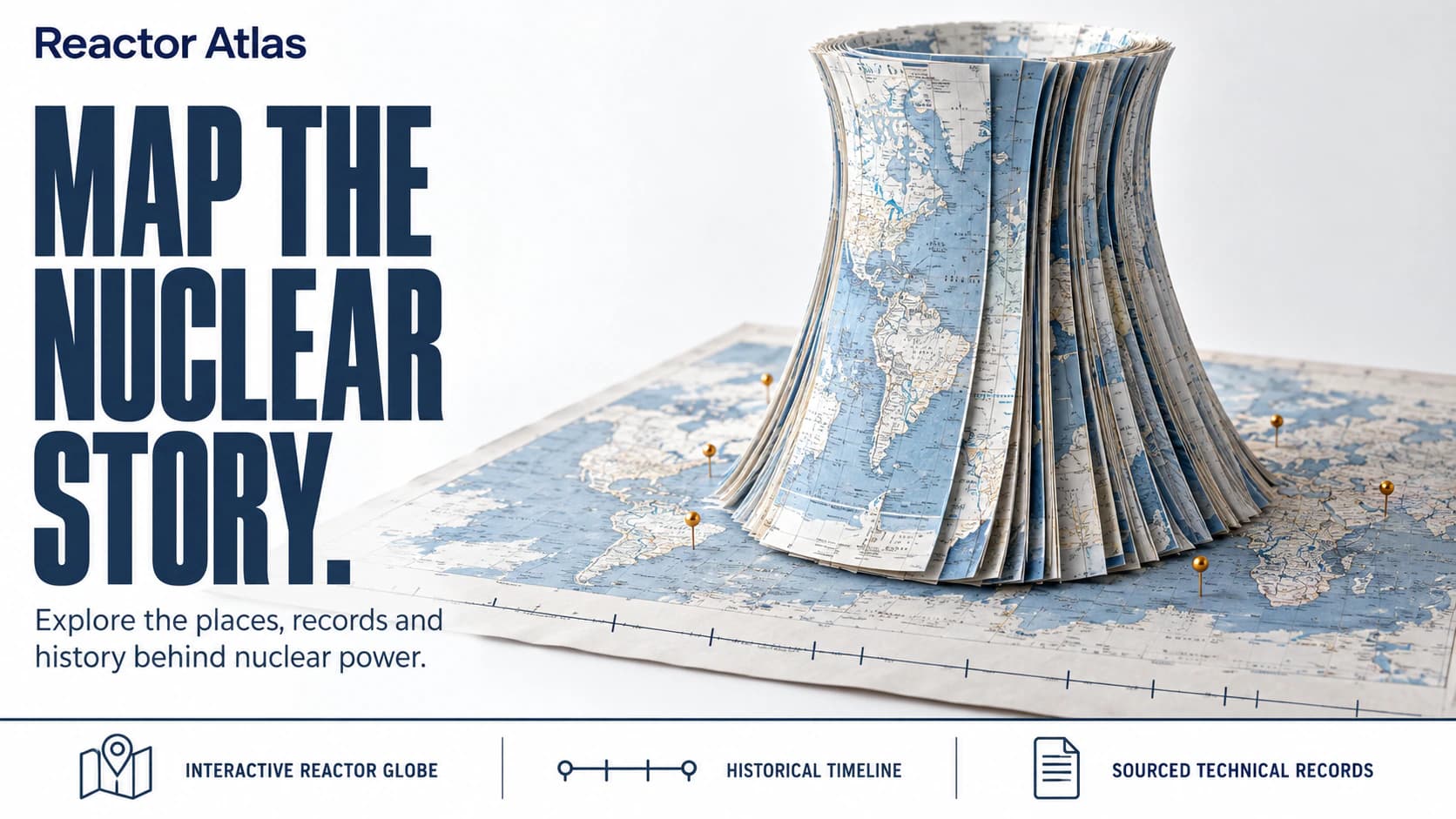Reactor Atlas editorial artwork showing folded maps forming a cooling tower