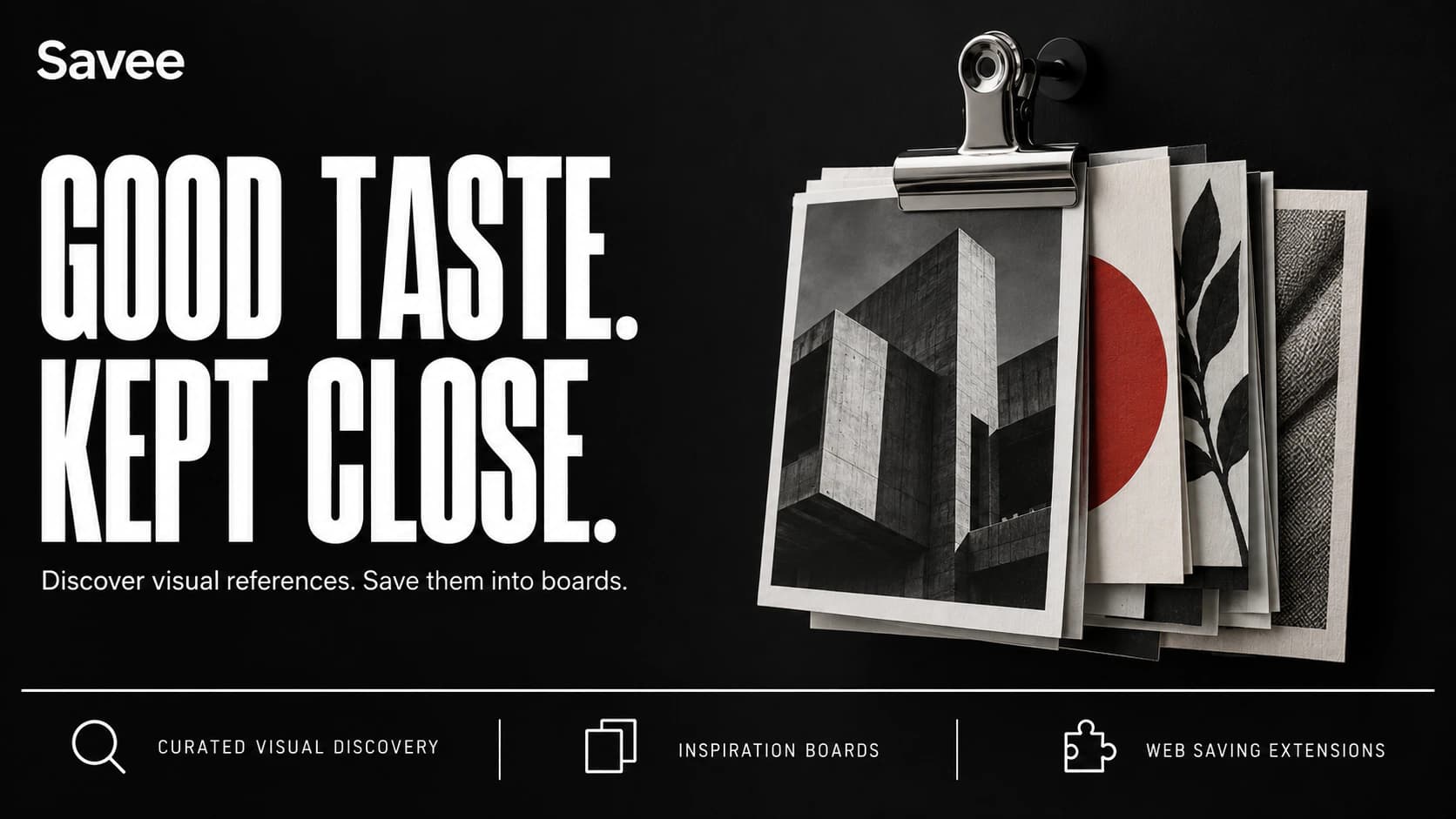 Savee editorial artwork showing a metal clip holding architecture, botanical, and graphic reference prints