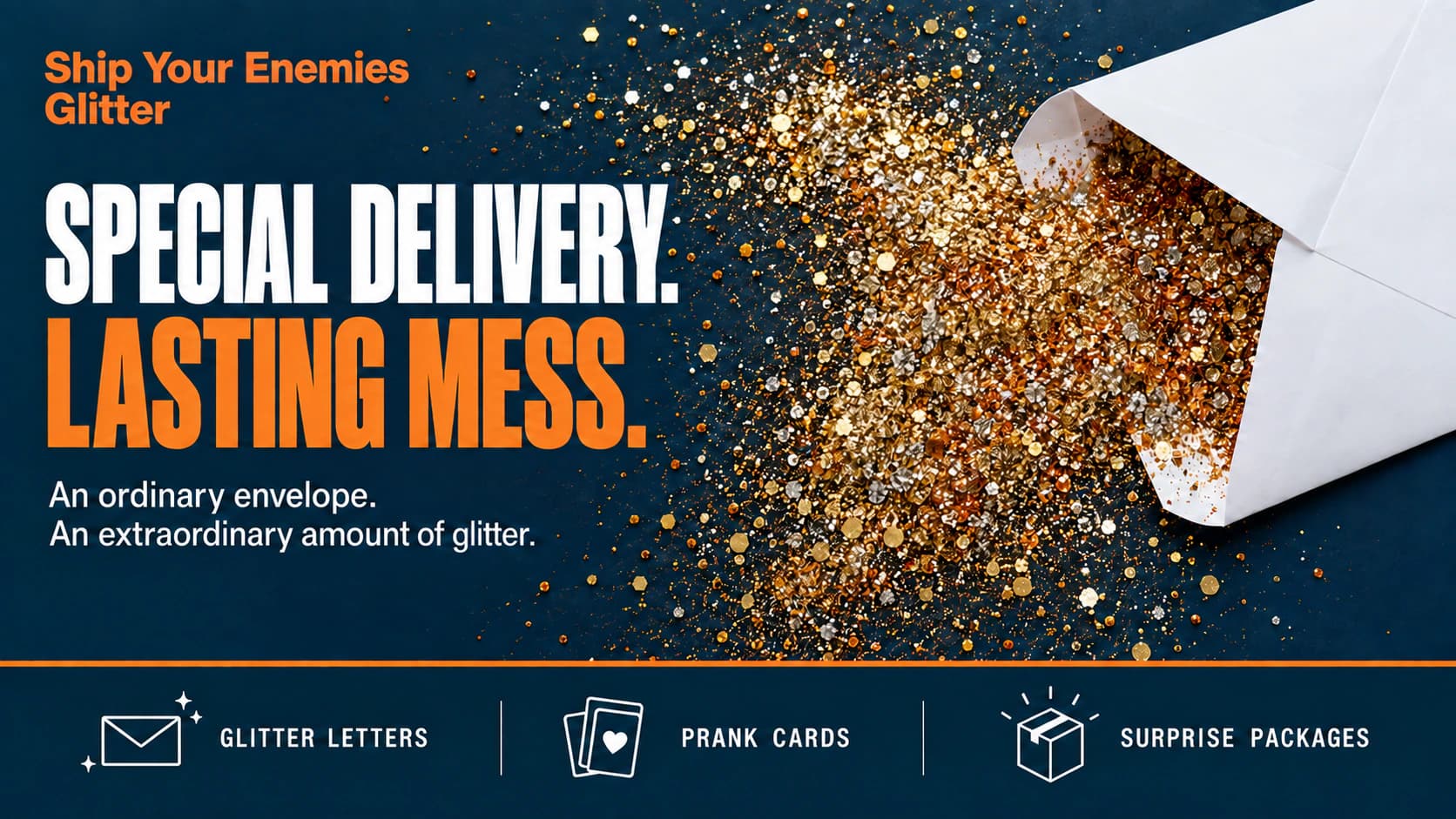 Ship Your Enemies Glitter editorial illustration of a glitter-filled surprise arriving by mail