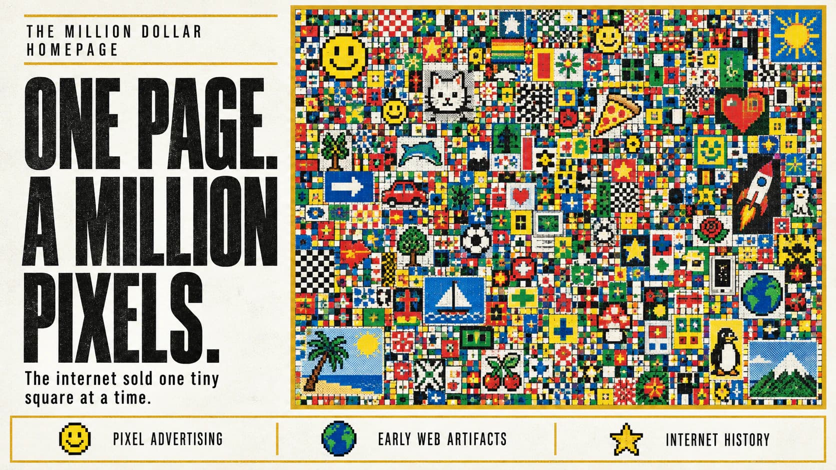 The Million Dollar Homepage editorial illustration of a colorful mosaic of tiny pixel advertisements