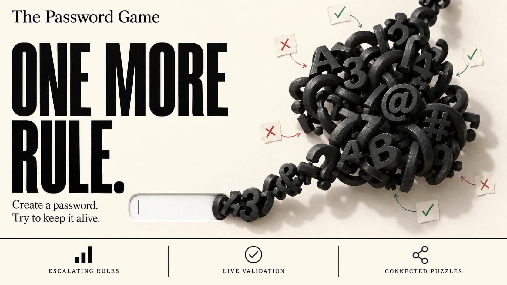 The Password Game editorial illustration of increasingly elaborate password rules and puzzles