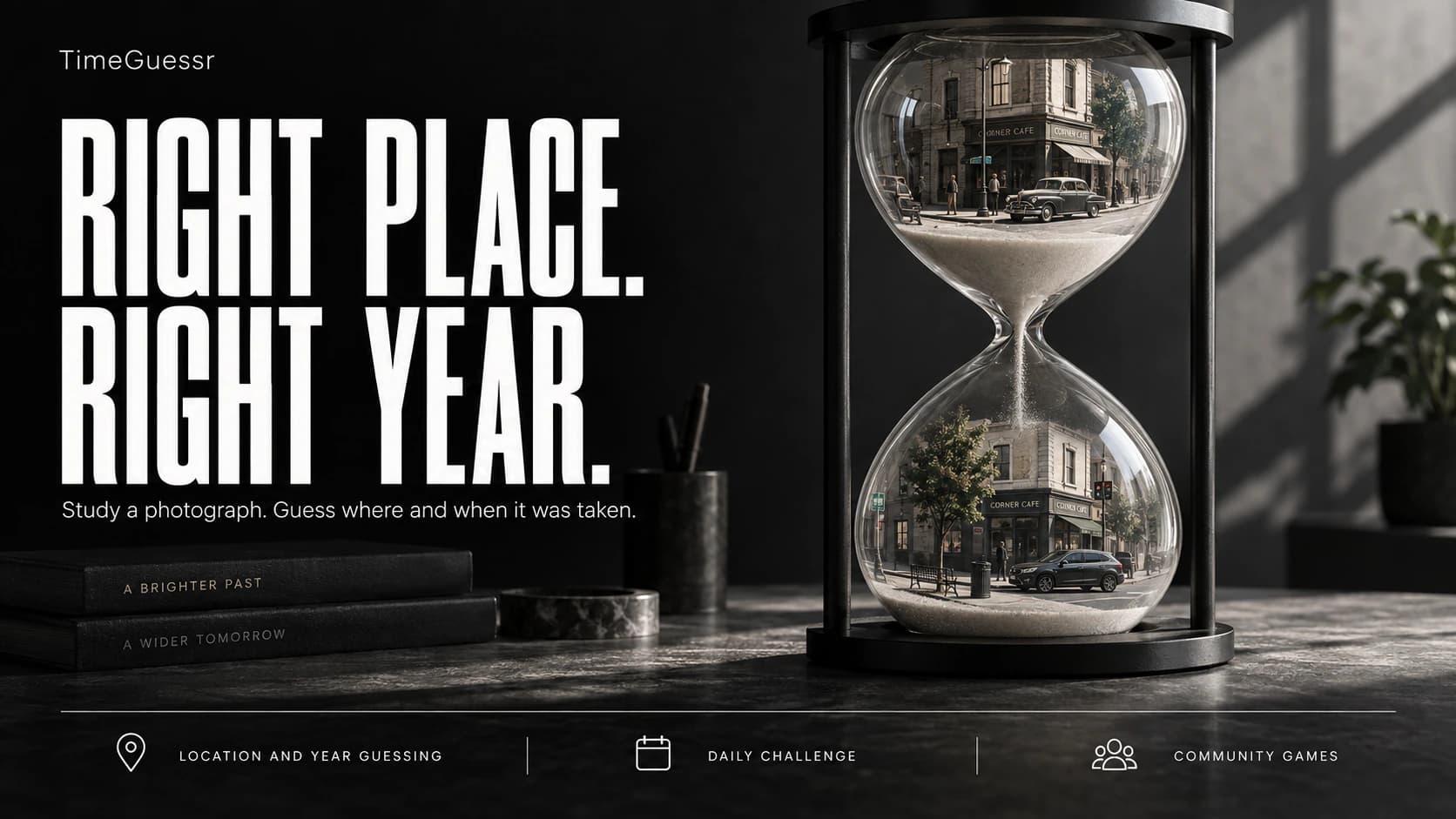 TimeGuessr editorial artwork showing the same street in two eras inside an hourglass