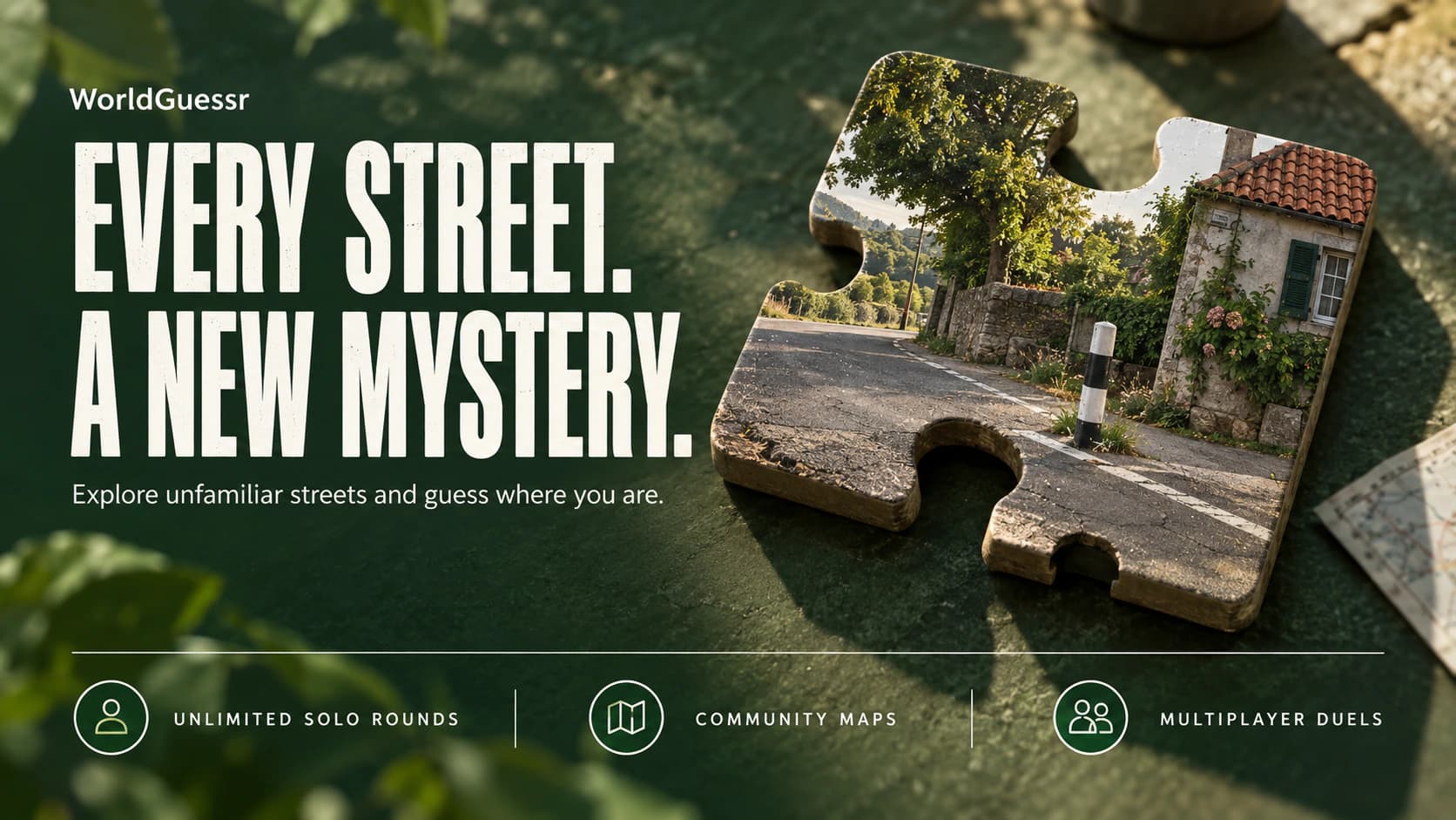 WorldGuessr editorial artwork showing a village street inside a wooden puzzle piece